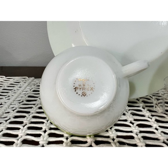 Pyrex Vintage Milk Glass White with Lime Green Rim Tea Set - Picture 5 of 9
